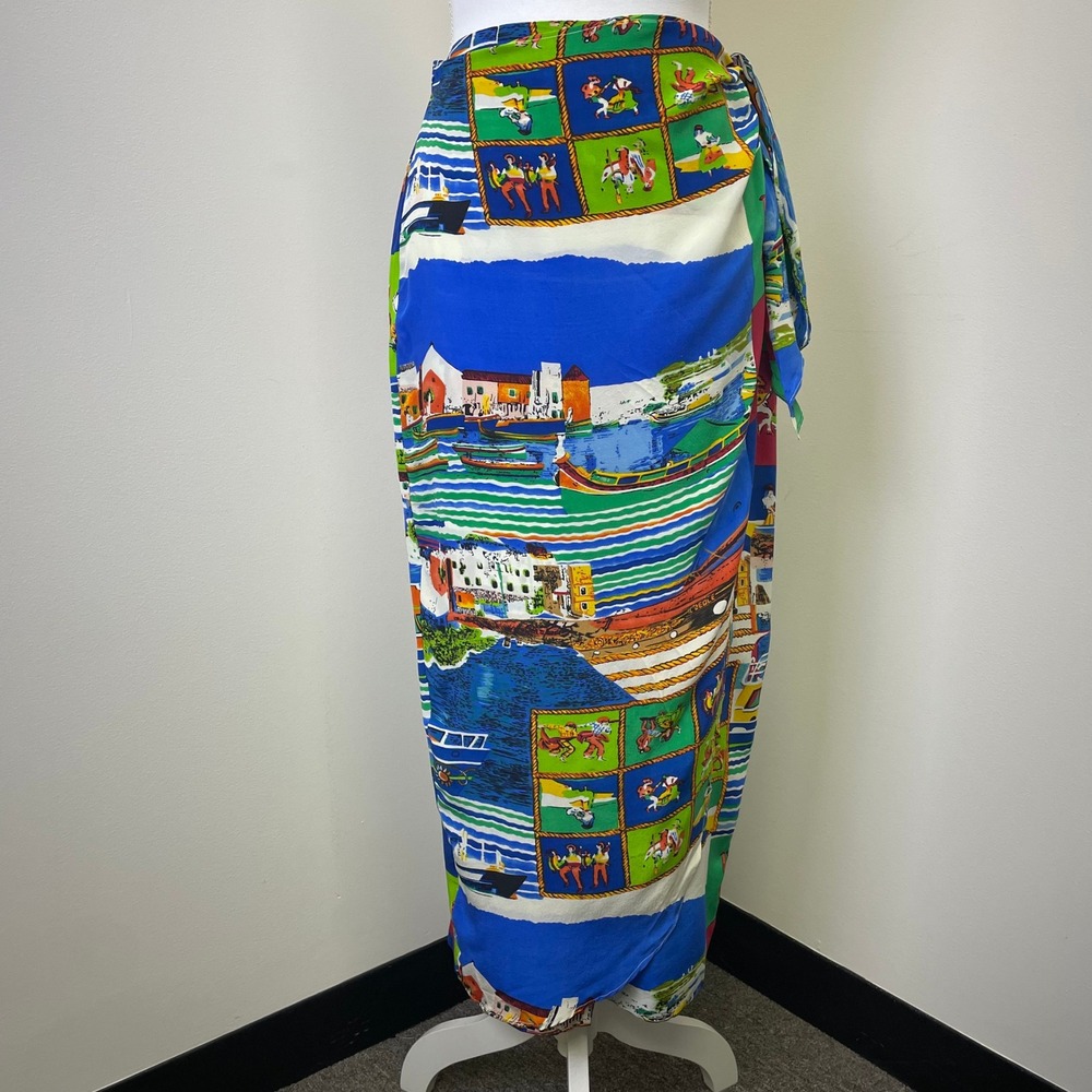 Vintage 90s Galinda Silk Wrap Skirt M Blue Mediterranean Coastal Novelty